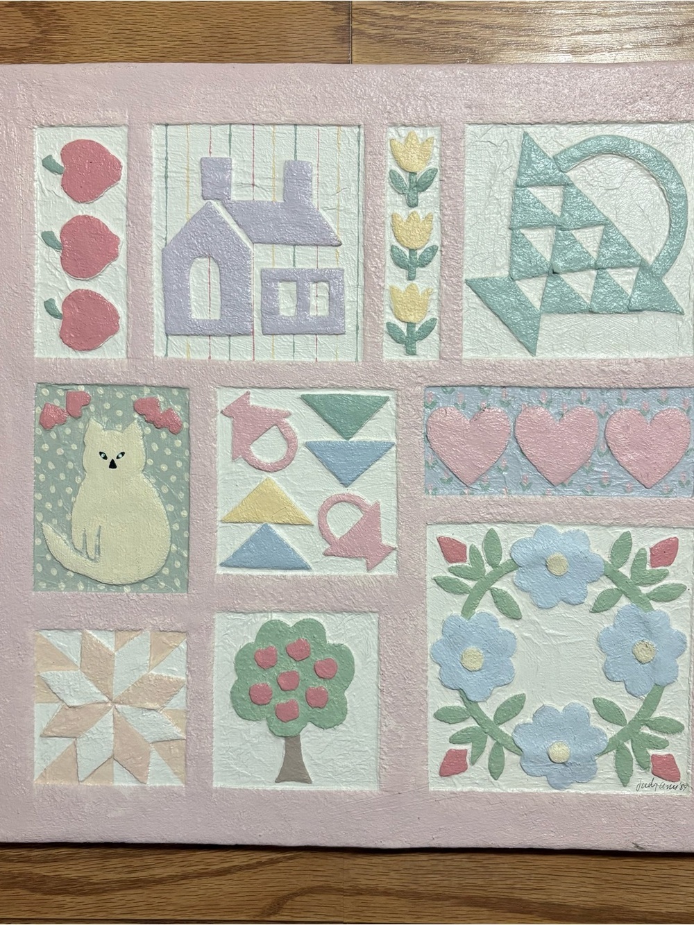 Vintage 1980s Hand Painted Cottagecore Pastel 18” x 18” Wall Hanging Canvas